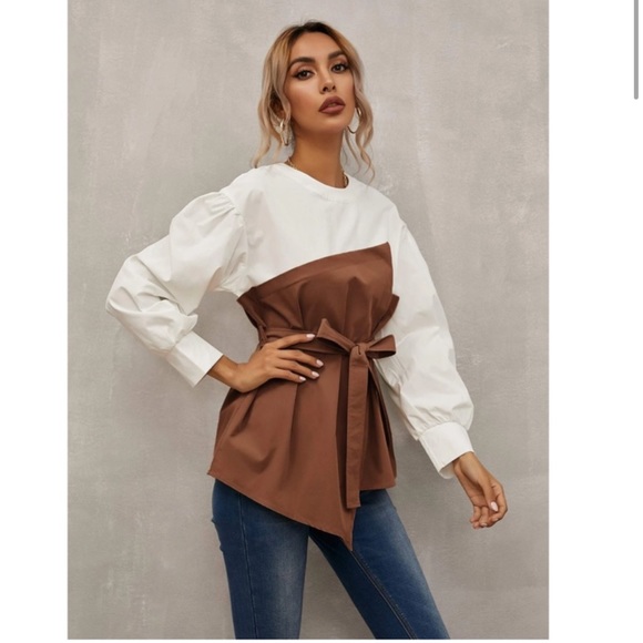 Layered Faux Belted Corset White Shirt Brown Detail Long Bishop Sleeves - Picture 4 of 6